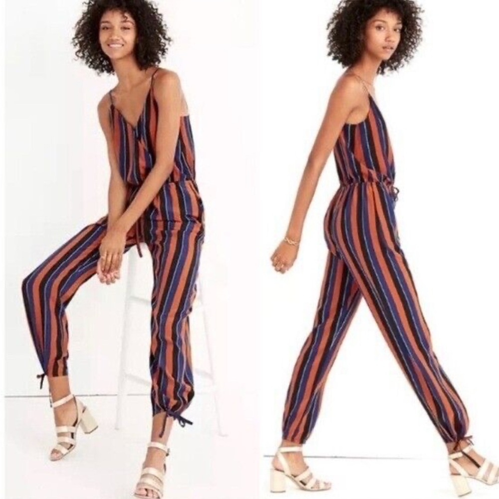 Madwell x NO. 6 | Striped Jumpsuit in Navy, black, Orange | 100% Silk playsuit